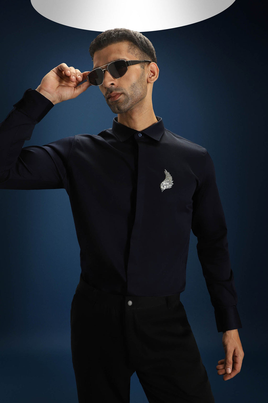 Feather(Wings) Hand Embroidered Designer Shirt - Navy