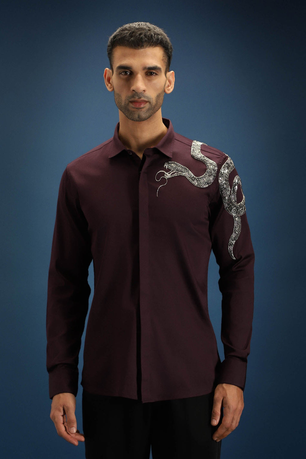 Viper- Hand Embroidered Designer Shirt - Wine
