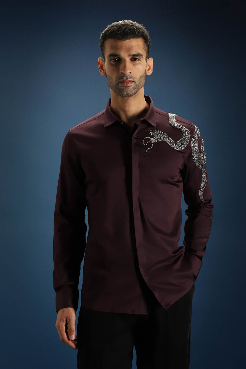 Viper- Hand Embroidered Designer Shirt - Wine