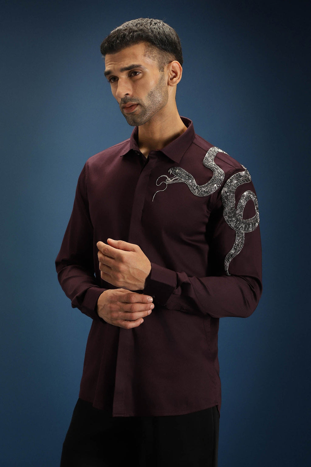 Viper- Hand Embroidered Designer Shirt - Wine