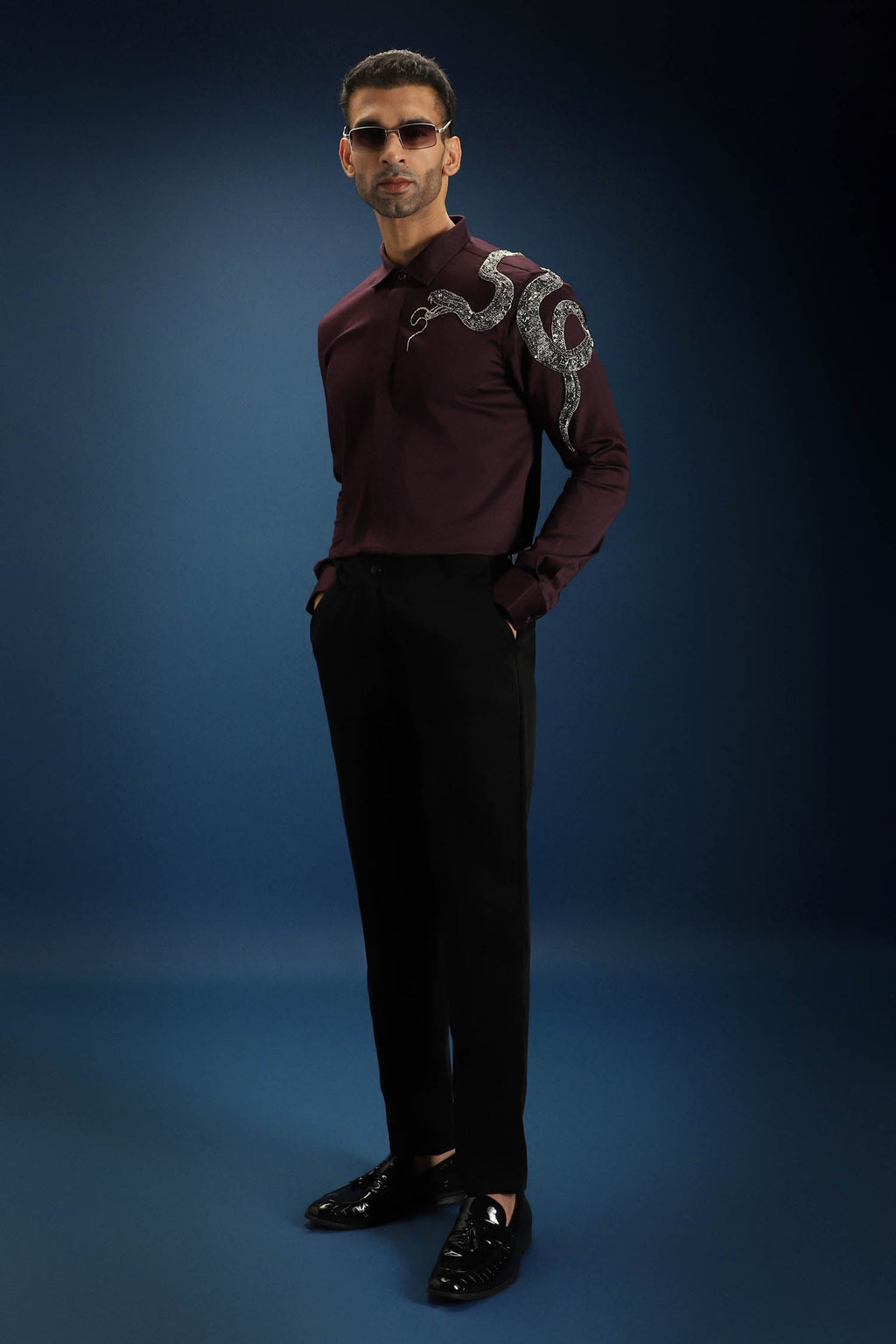 Viper- Hand Embroidered Designer Shirt - Wine