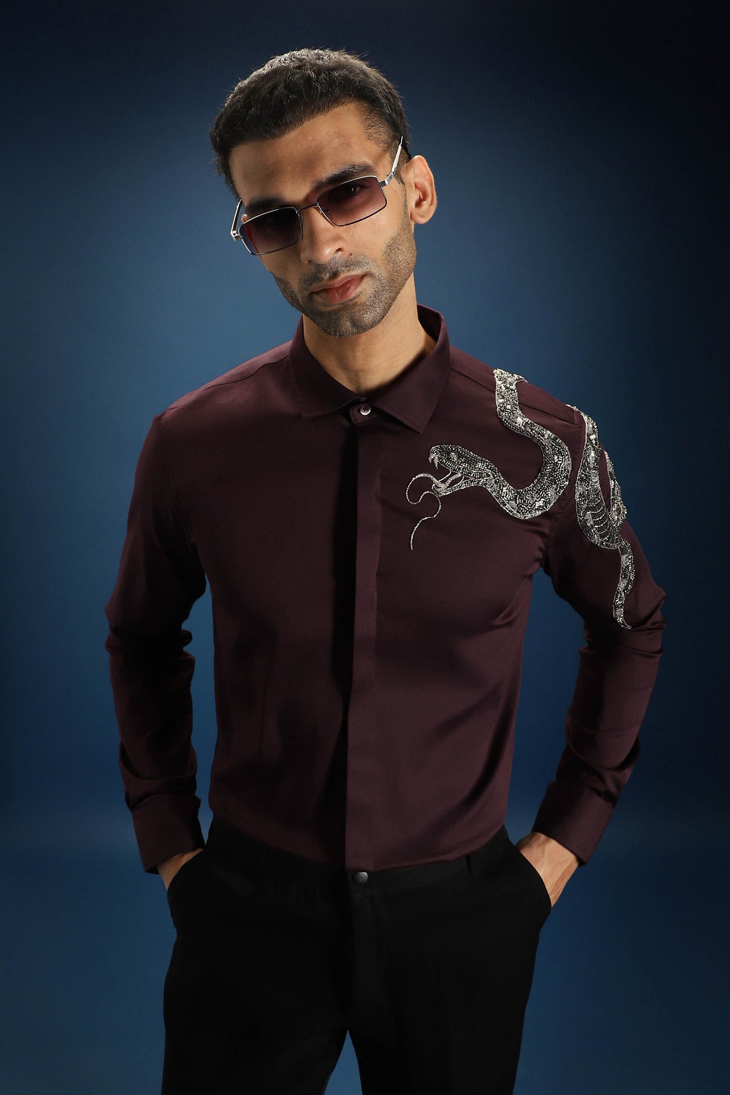 Viper- Hand Embroidered Designer Shirt - Wine