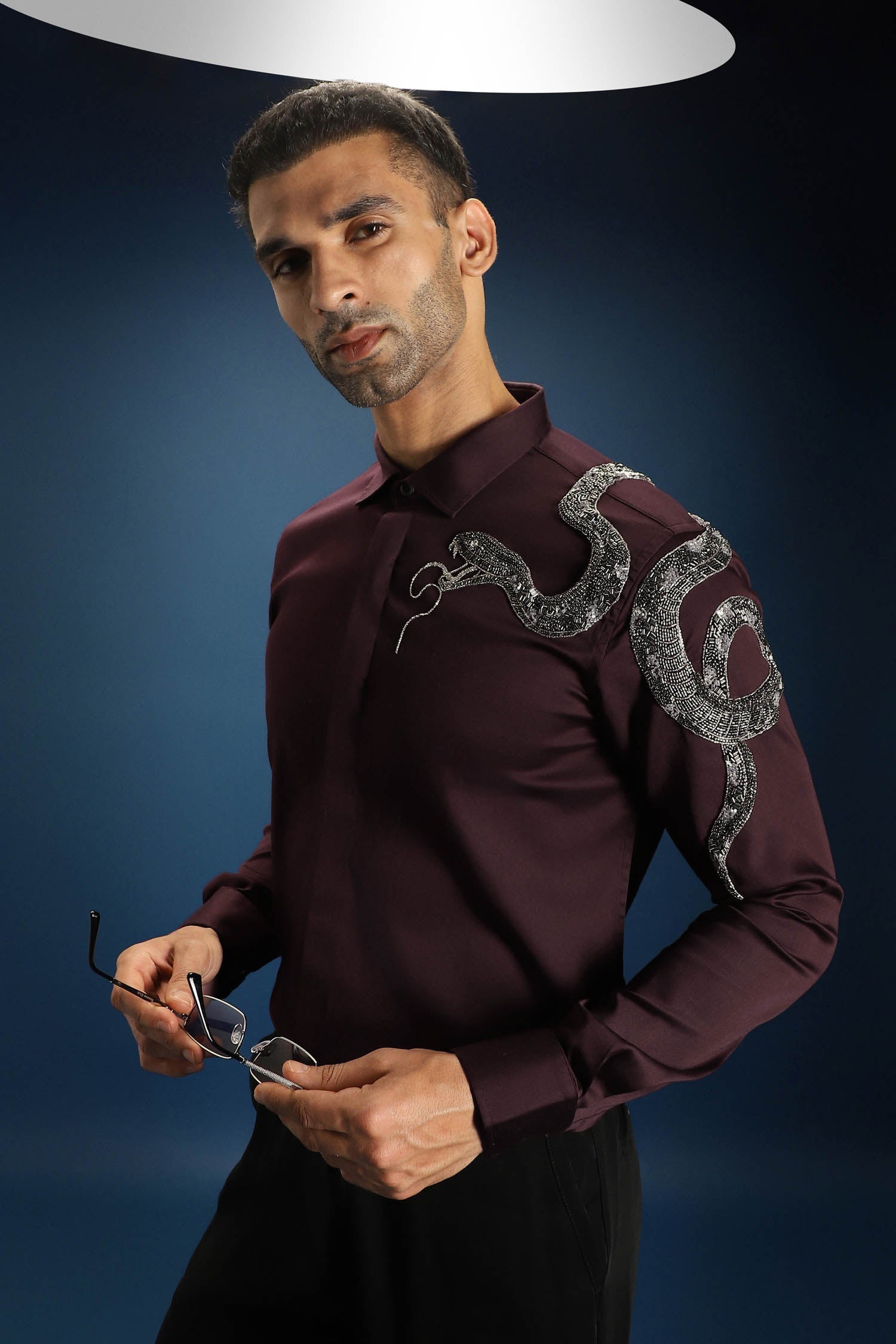 Viper- Hand Embroidered Designer Shirt - Wine