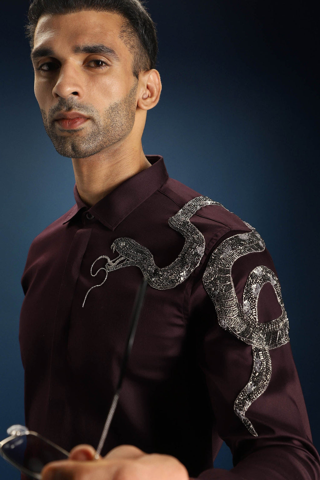 Viper- Hand Embroidered Designer Shirt - Wine