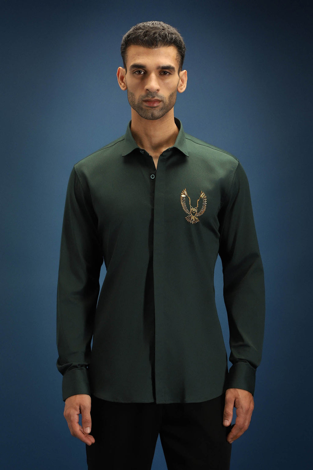 Owl - Hand Embroidered Designer Shirt - Bottle green
