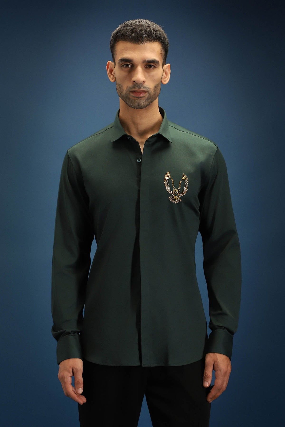 Owl - Hand Embroidered Designer Shirt - Bottle green