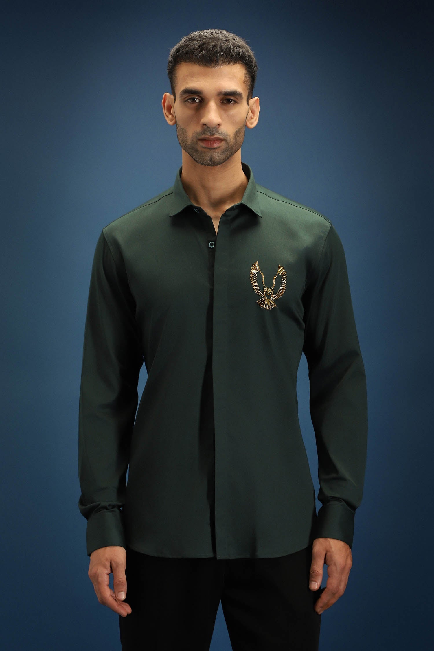 OWL- Hand Embroidered Designer Shirt- Bottle green