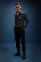 OWL- Hand Embroidered Designer Shirt- Bottle green