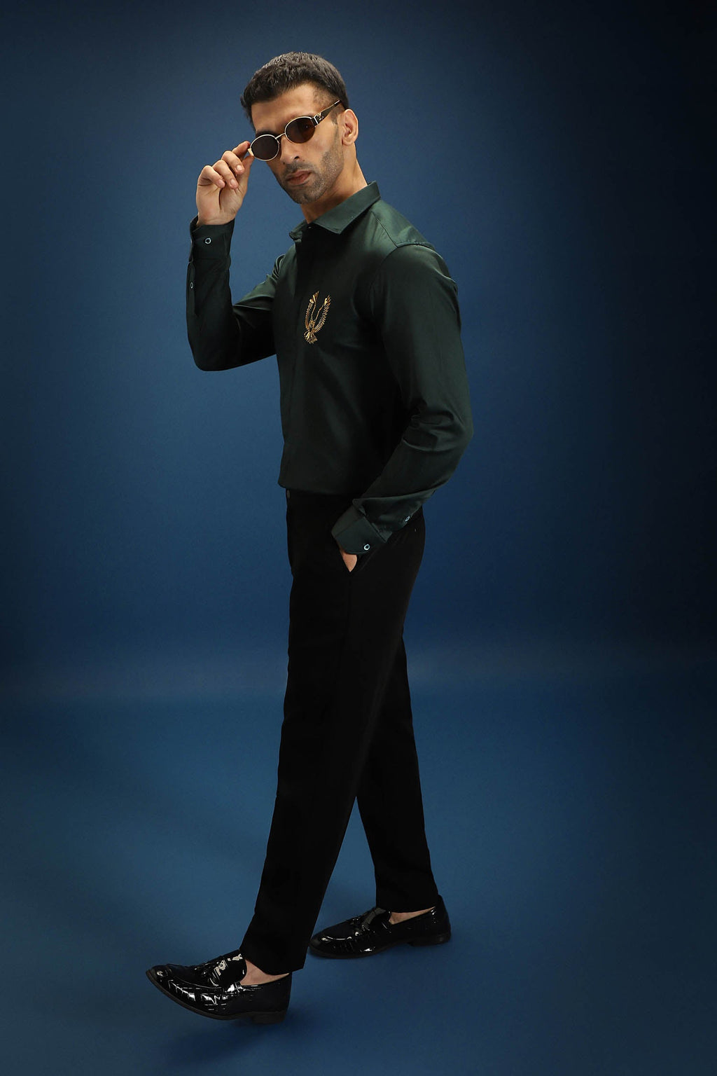 OWL- Hand Embroidered Designer Shirt- Bottle green