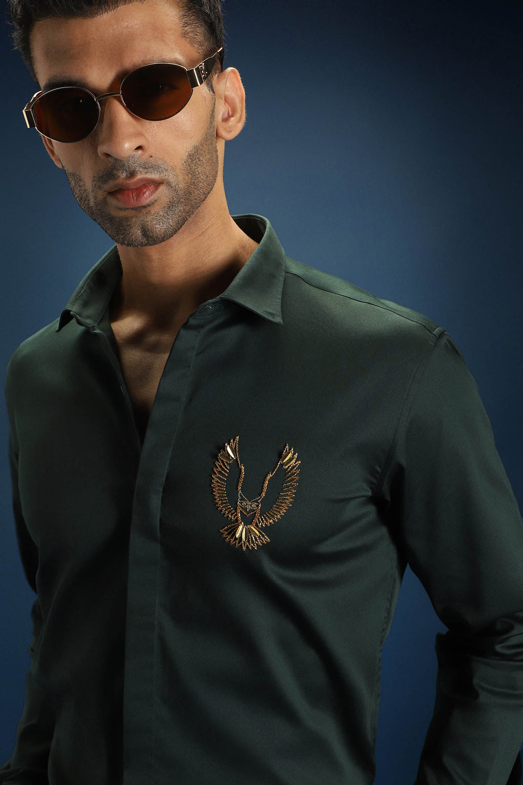 Owl - Hand Embroidered Designer Shirt - Bottle green