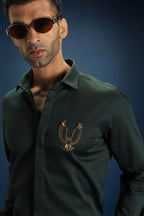 Owl - Hand Embroidered Designer Shirt - Bottle green