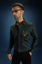 Owl - Hand Embroidered Designer Shirt - Bottle green