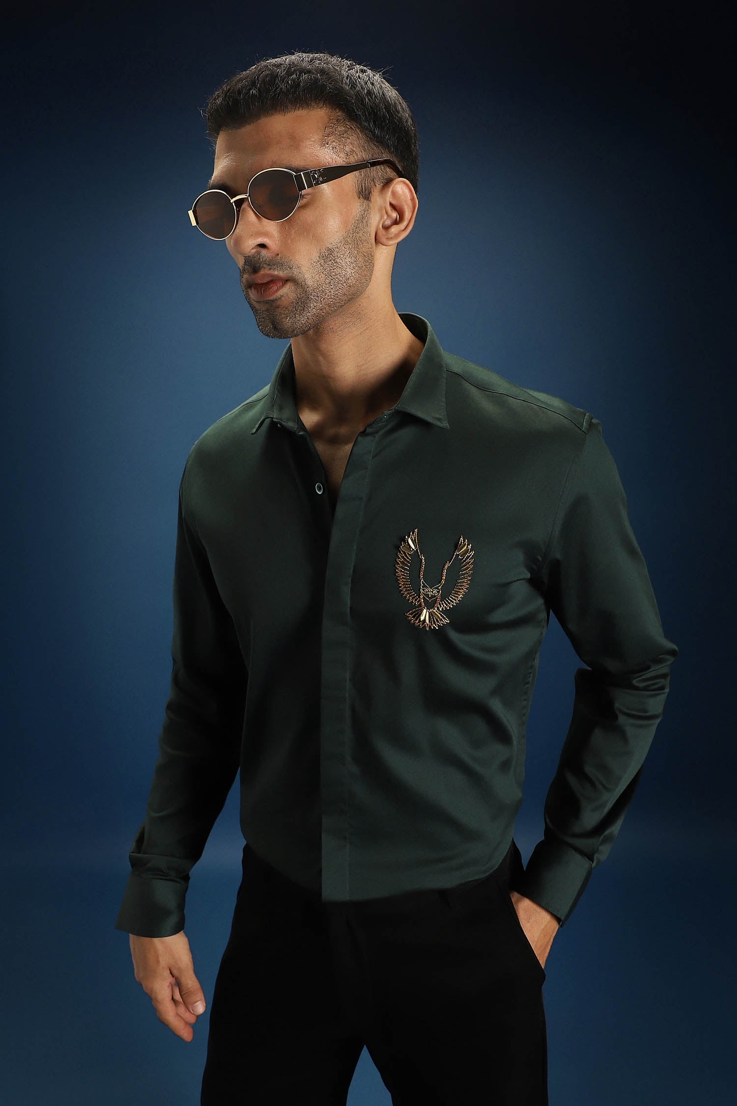OWL- Hand Embroidered Designer Shirt- Bottle green