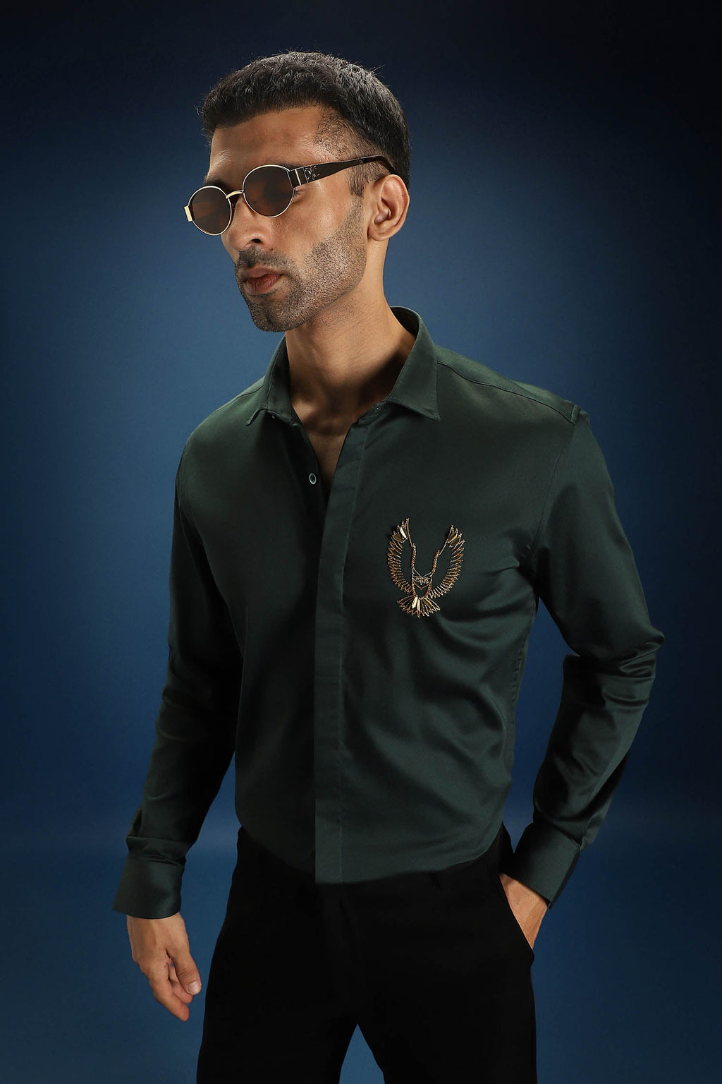 OWL- Hand Embroidered Designer Shirt- Bottle green