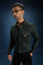 OWL- Hand Embroidered Designer Shirt- Bottle green