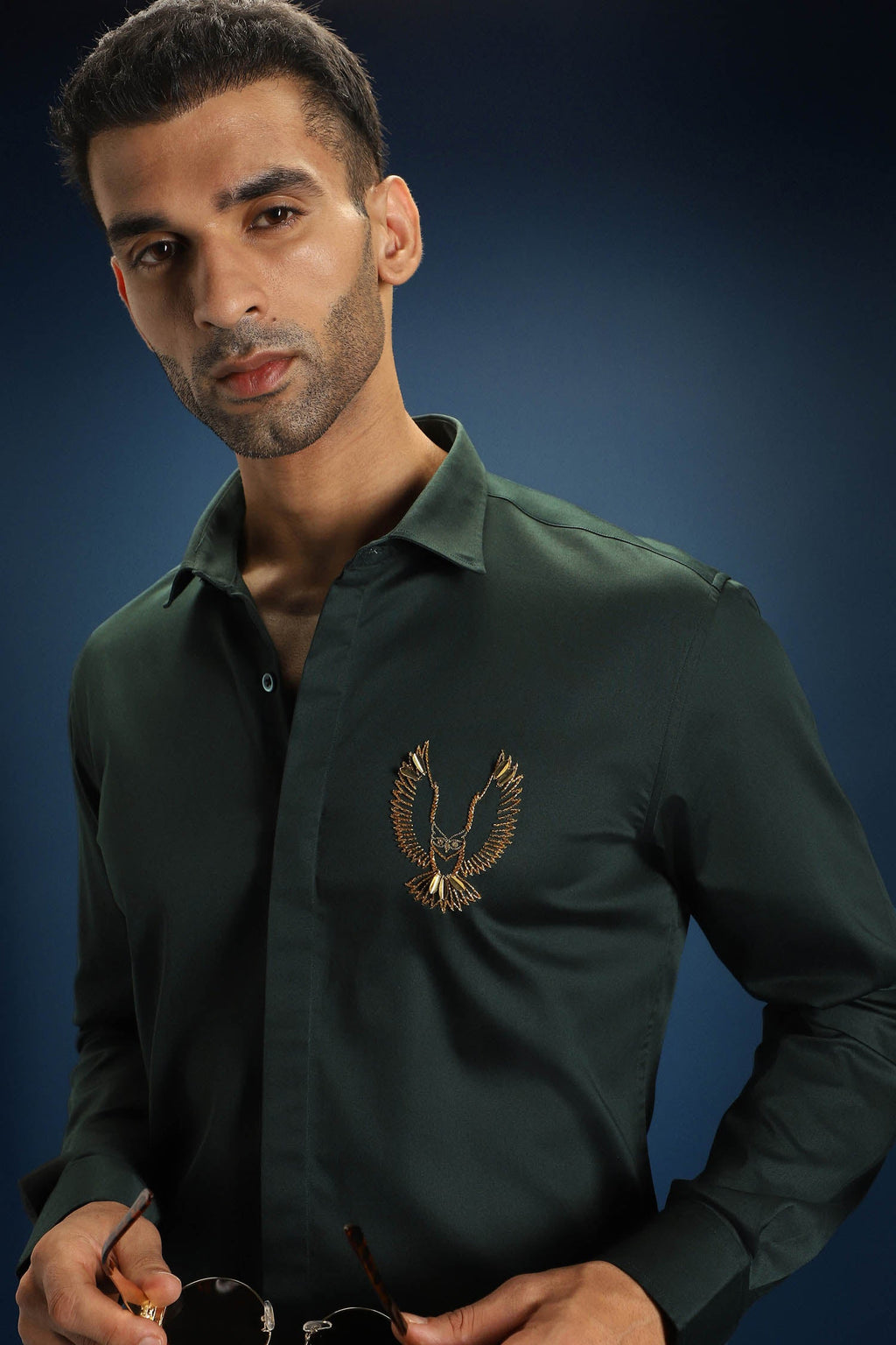 OWL- Hand Embroidered Designer Shirt- Bottle green