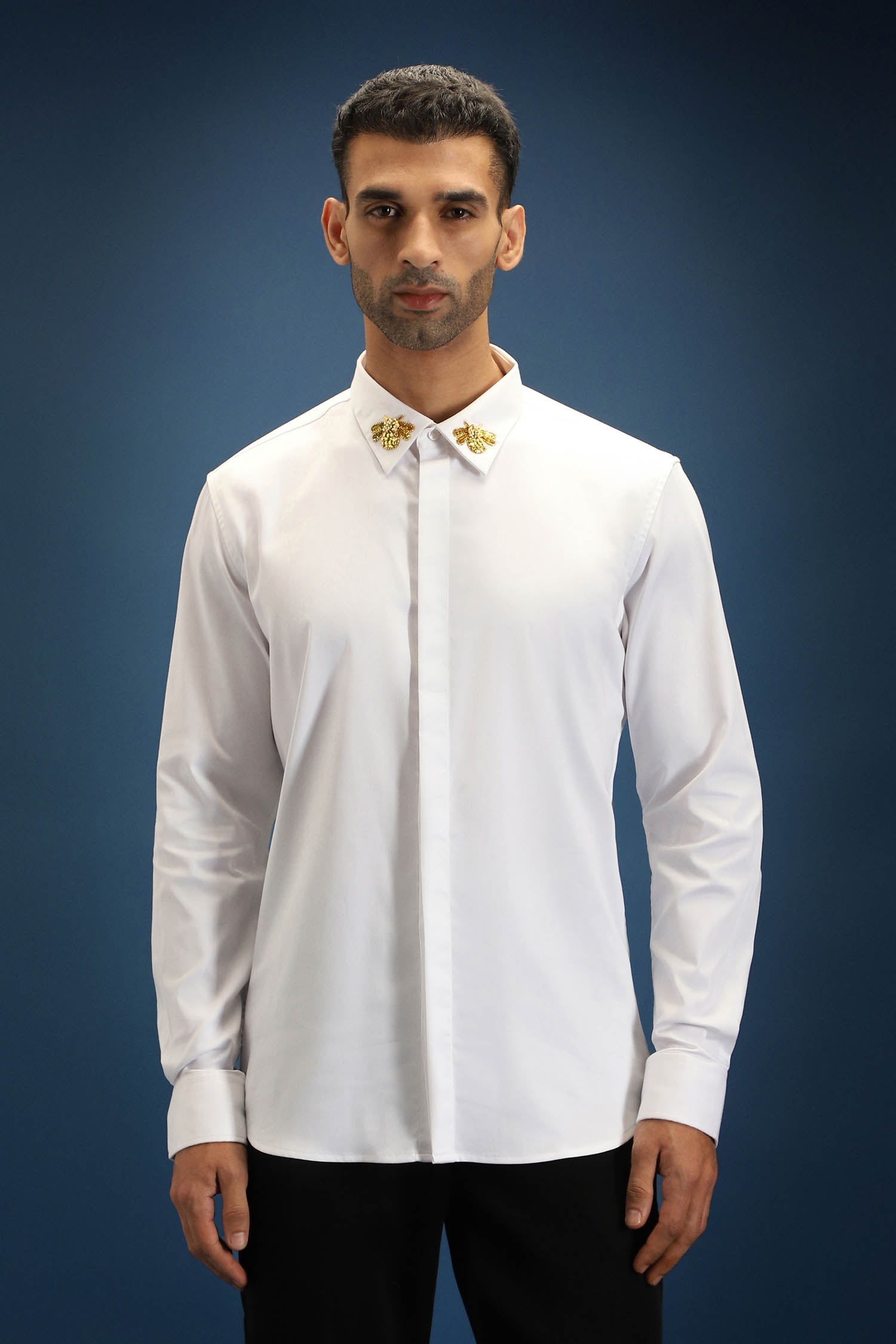 Collar  Bumblebee Hand Embroidered Designer Shirt - White