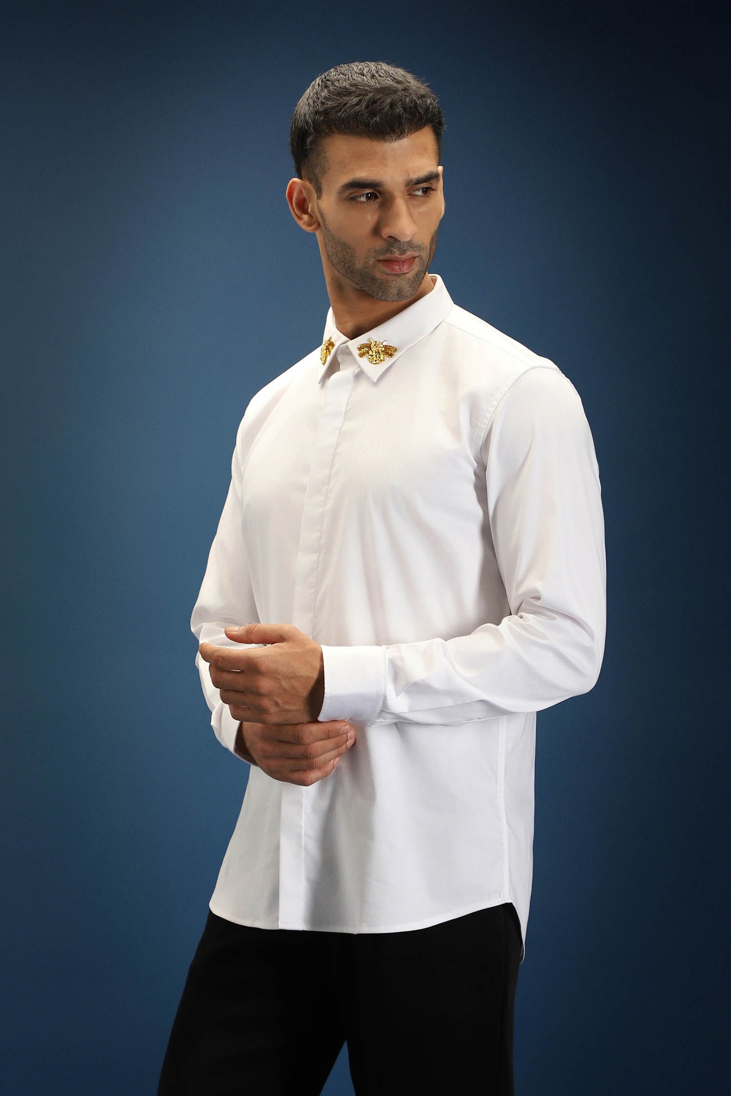 Collar  Bumblebee Hand Embroidered Designer Shirt - White