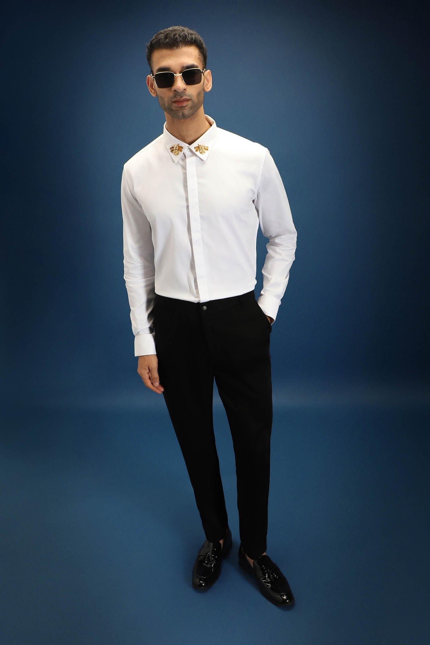 Collar  Bumblebee Hand Embroidered Designer Shirt - White