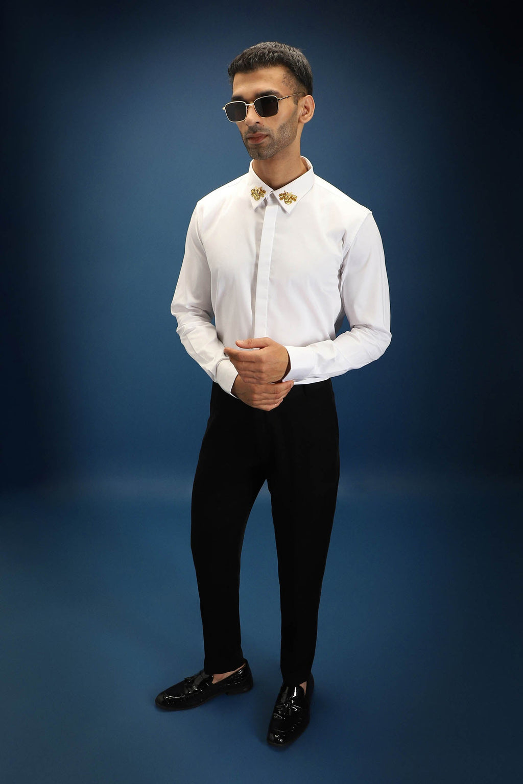 Collar  Bumblebee Hand Embroidered Designer Shirt - White