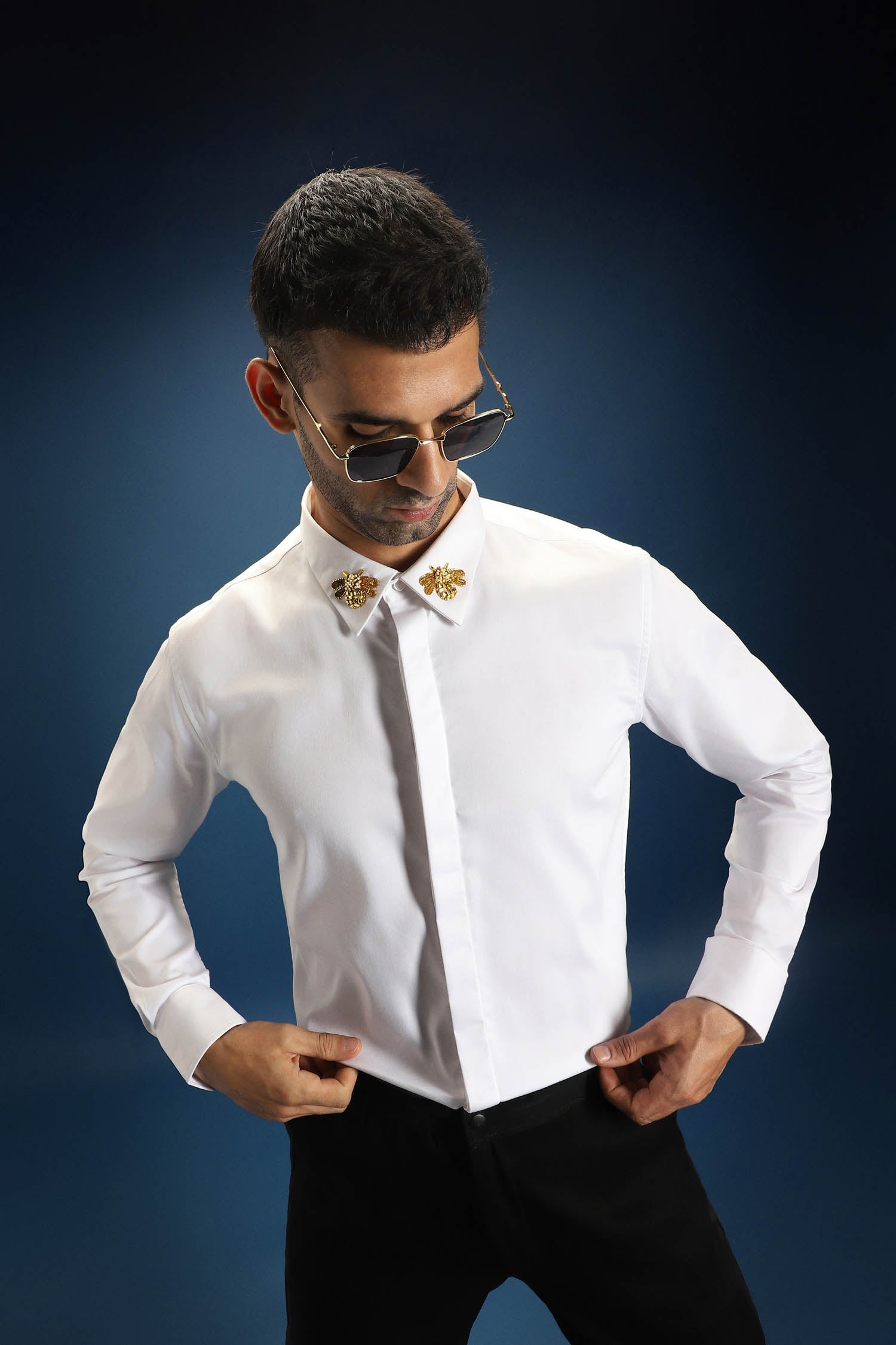 Collar  Bumblebee Hand Embroidered Designer Shirt - White