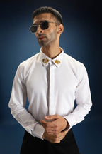 Collar  Bumblebee Hand Embroidered Designer Shirt - White