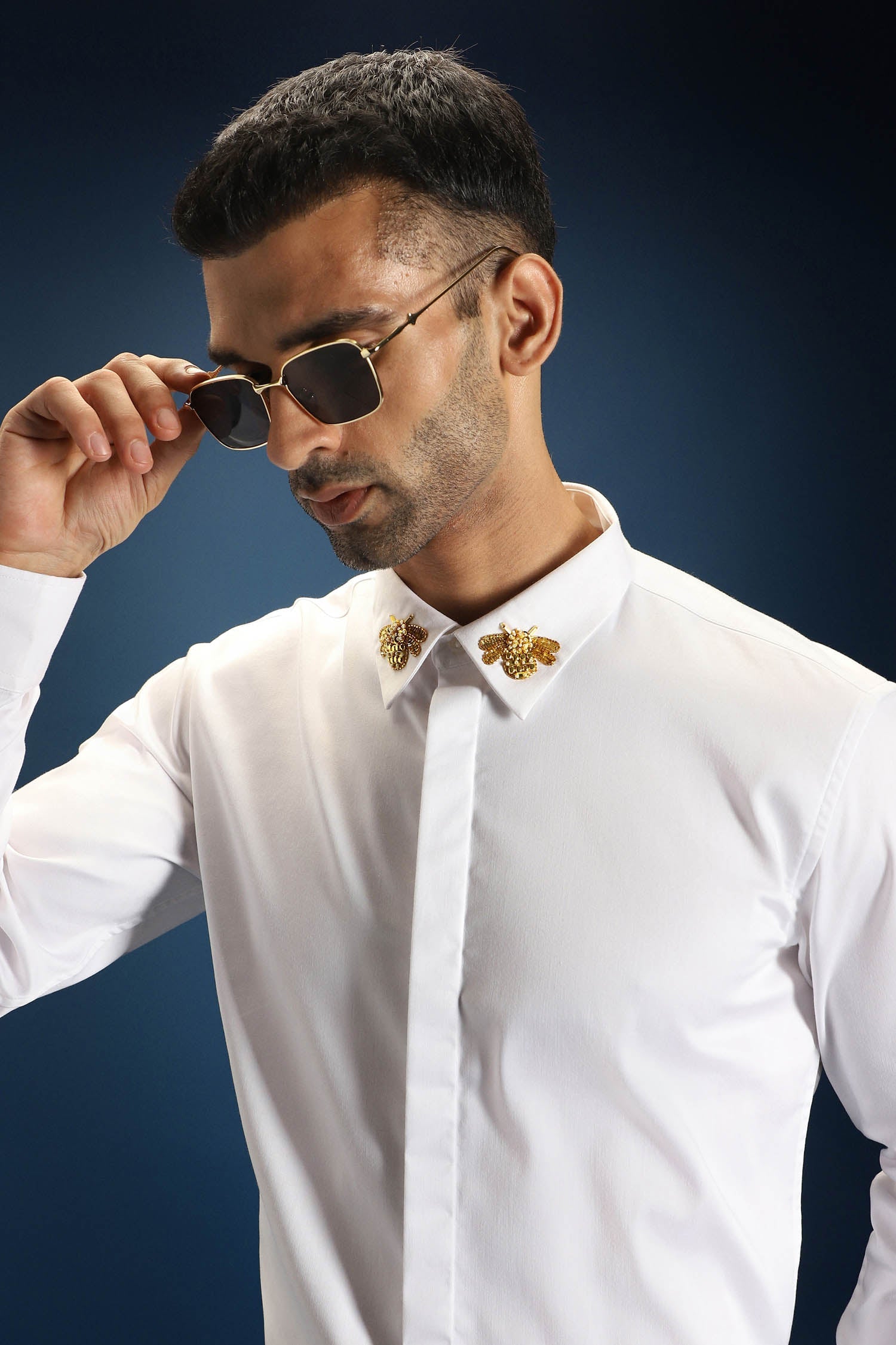 Collar  Bumblebee Hand Embroidered Designer Shirt - White