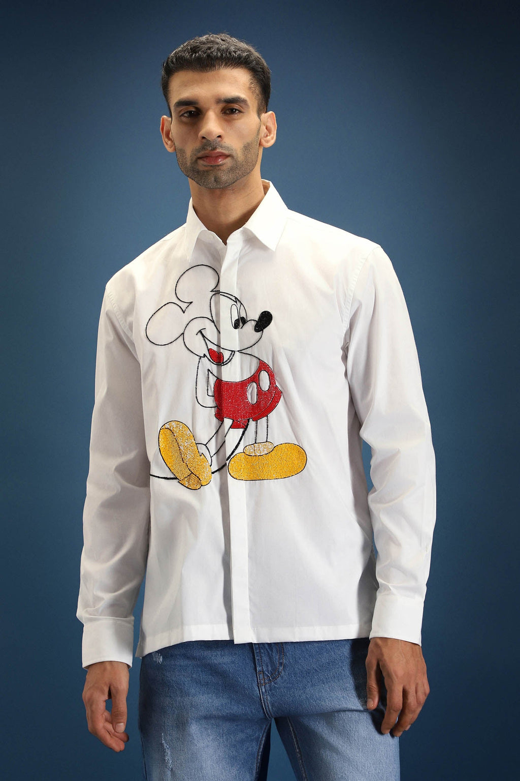 Mickster(Mickey Mouse)- Hand Embroidered Designer Shirt - White