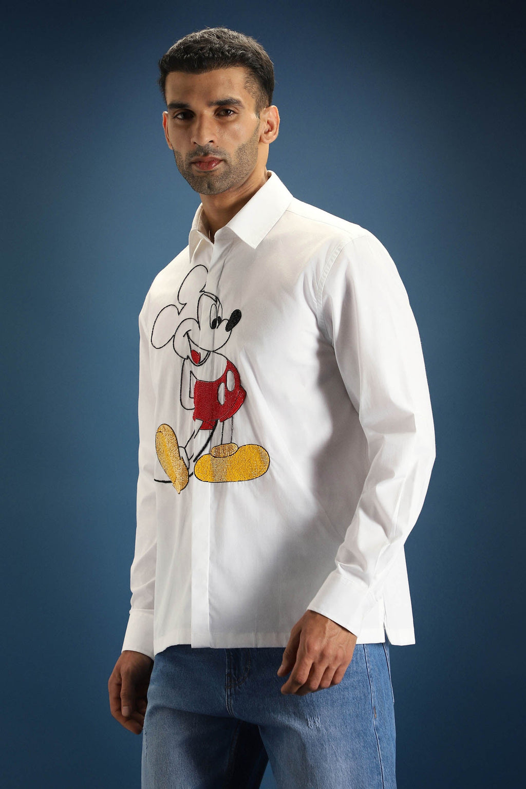 Mickster(Mickey Mouse)- Hand Embroidered Designer Shirt - White