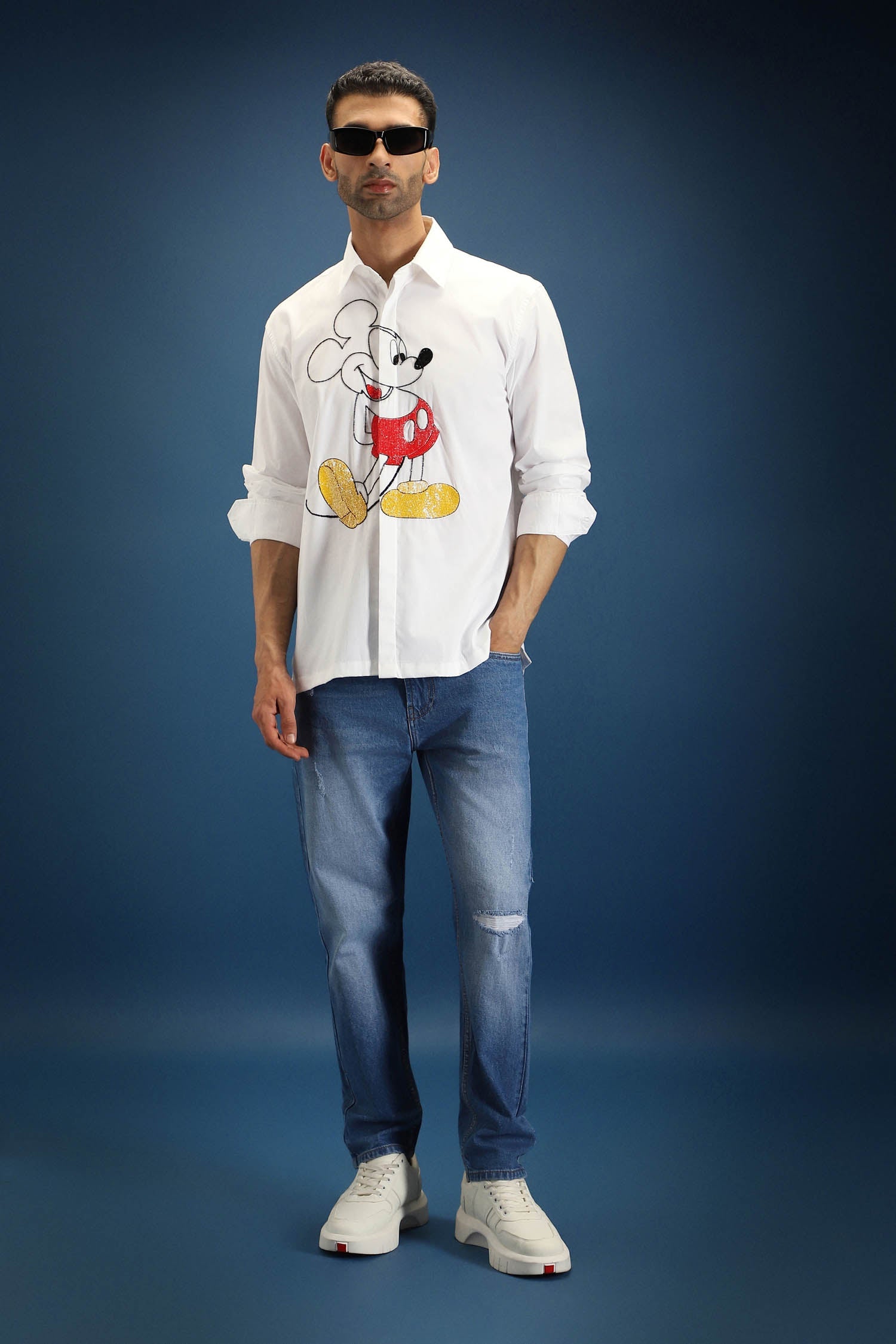Mickster(Mickey Mouse)- Hand Embroidered Designer Shirt - White