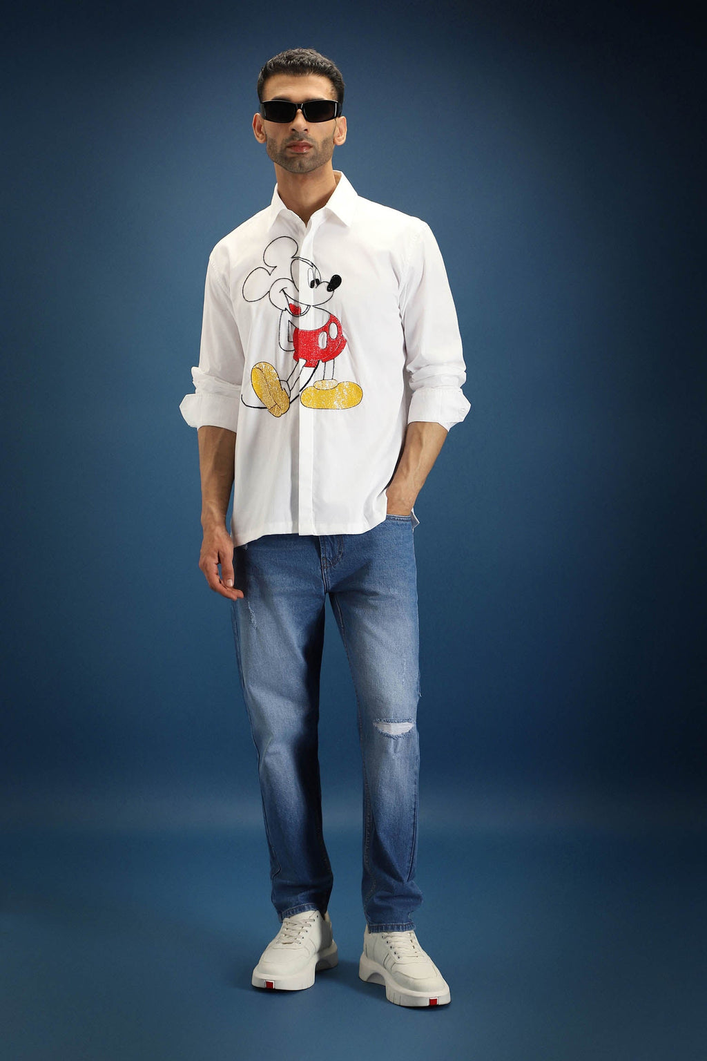 Mickster(Mickey Mouse)- Hand Embroidered Designer Shirt - White