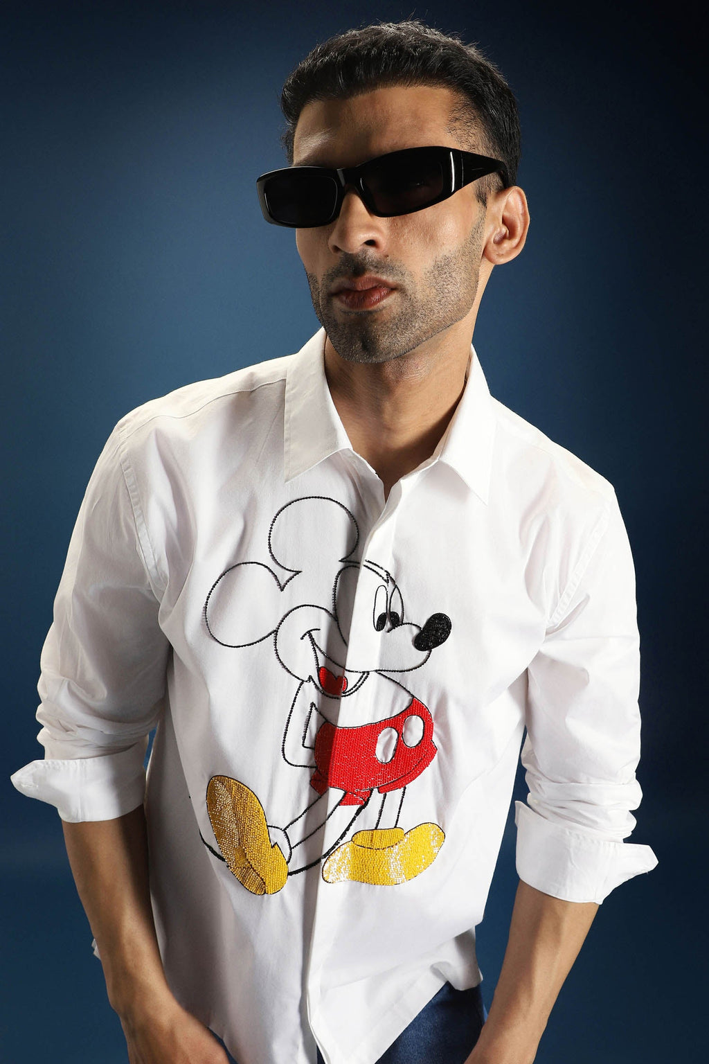 Mickster(Mickey Mouse)- Hand Embroidered Designer Shirt - White