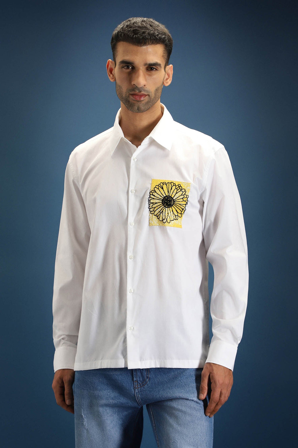 Sunflower Hand Embroidered Designer Shirt - White