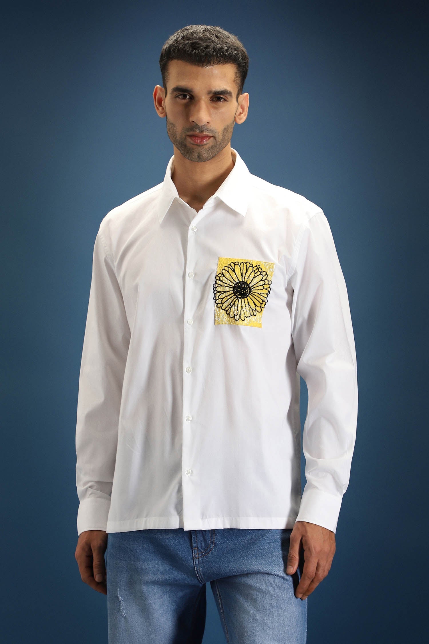 Sunflower Hand Embroidered Designer Shirt - White