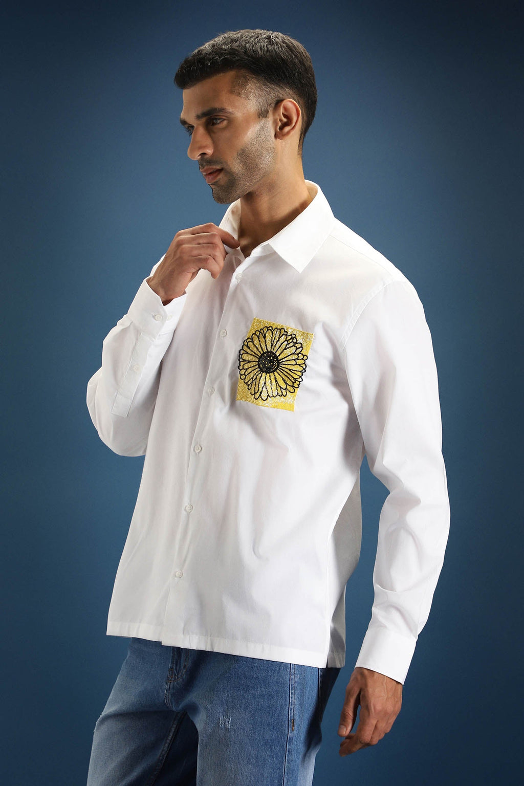 Sunflower Hand Embroidered Designer Shirt - White