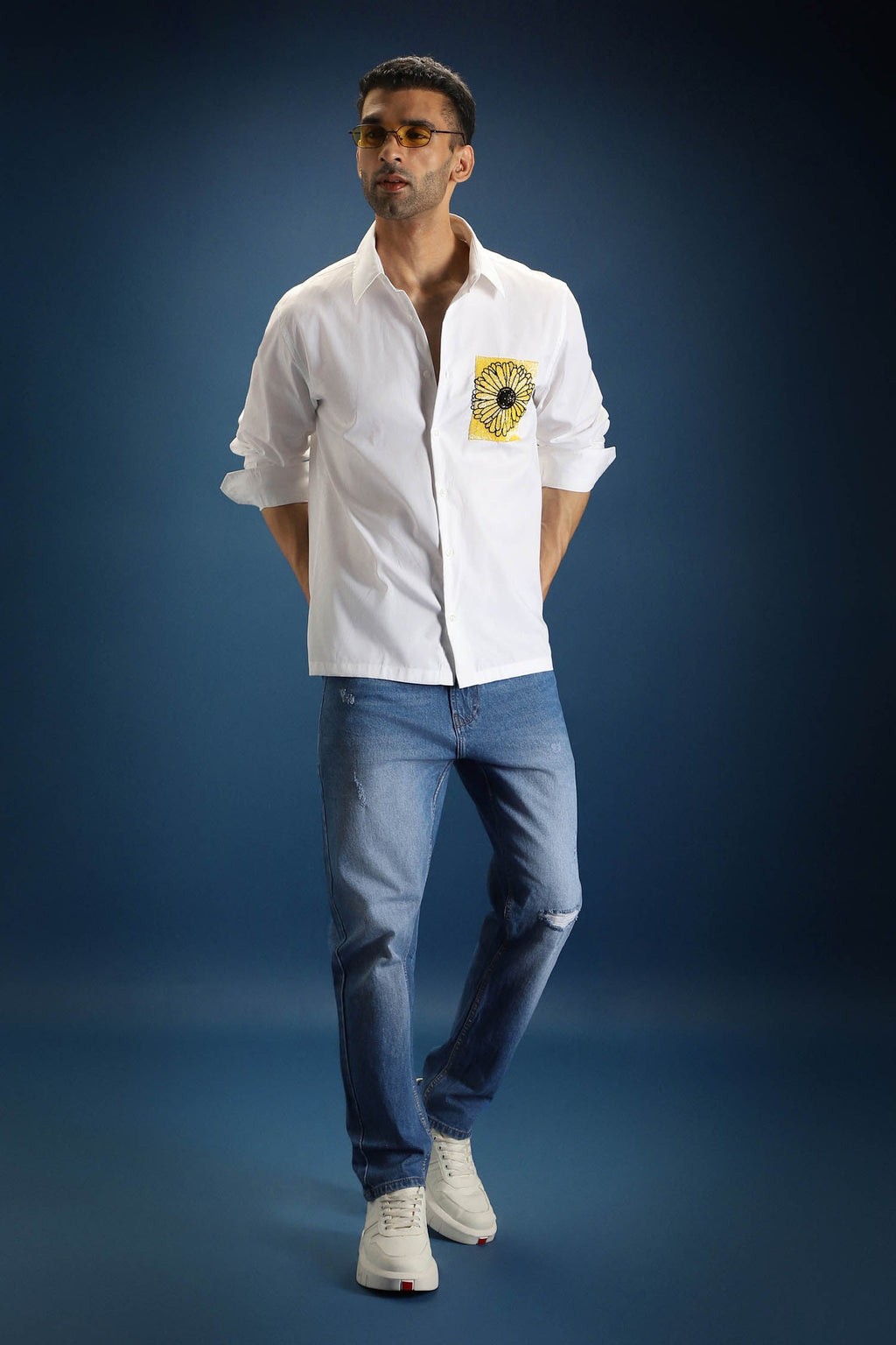 Sunflower Hand Embroidered Designer Shirt - White