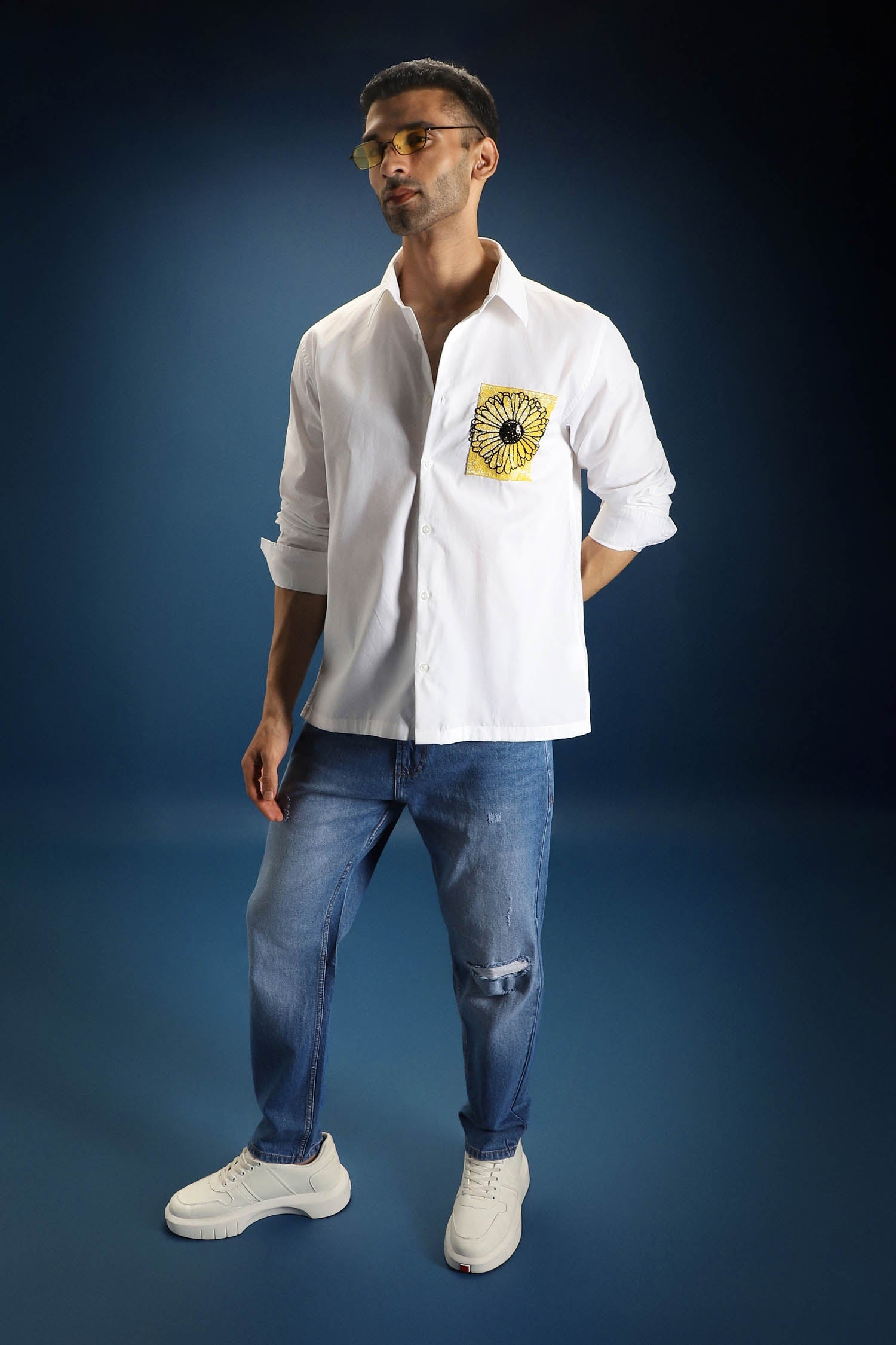 Sunflower Hand Embroidered Designer Shirt - White