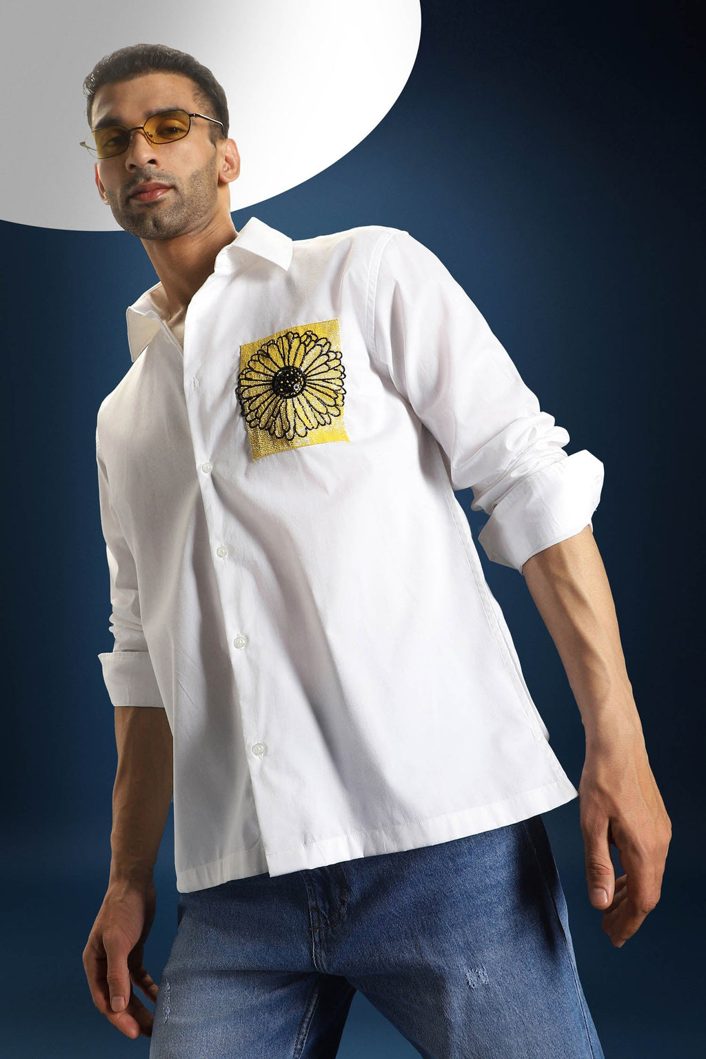 Sunflower Hand Embroidered Designer Shirt - White