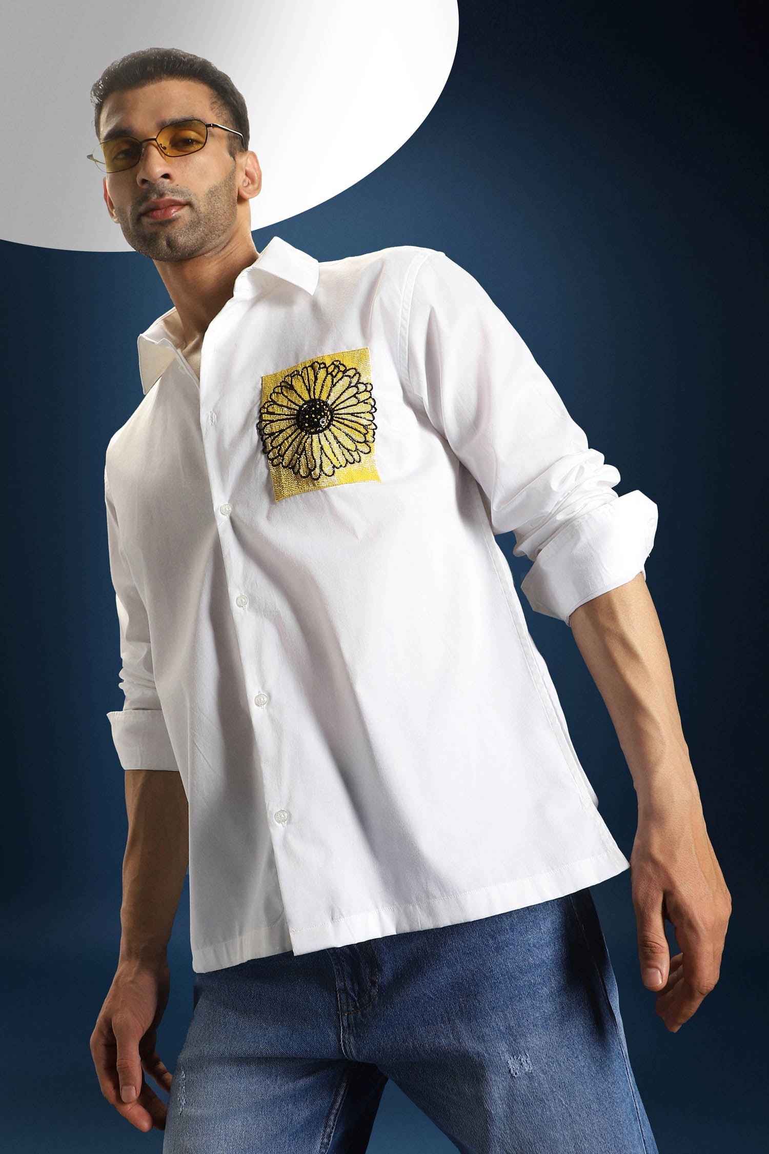 Sunflower Hand Embroidered Designer Shirt - White