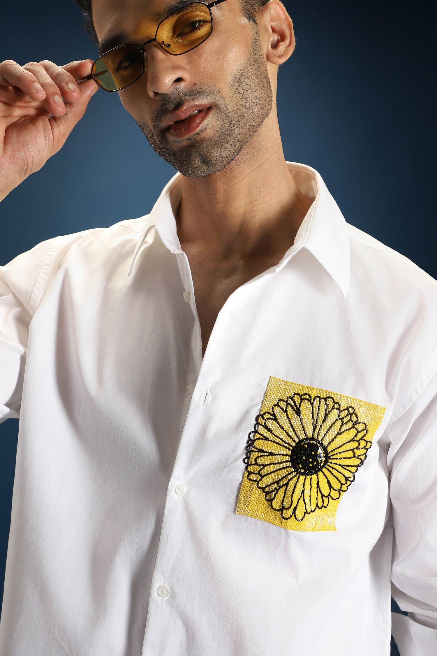 Sunflower Hand Embroidered Designer Shirt - White