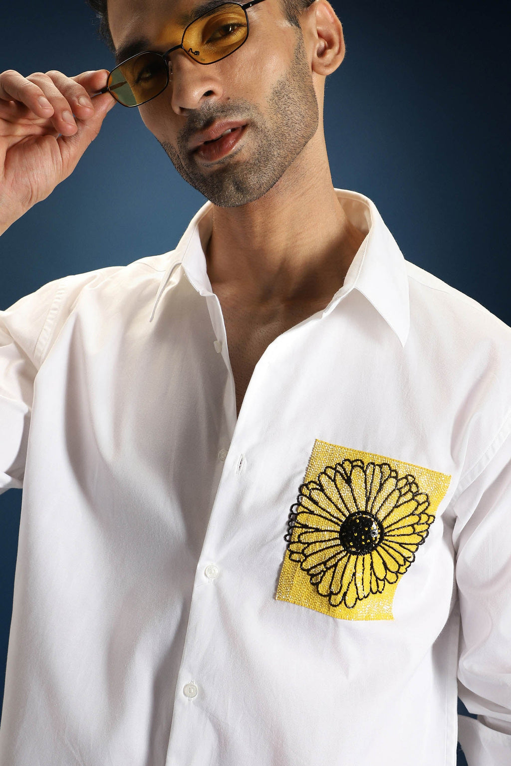 Sunflower Hand Embroidered Designer Shirt - White