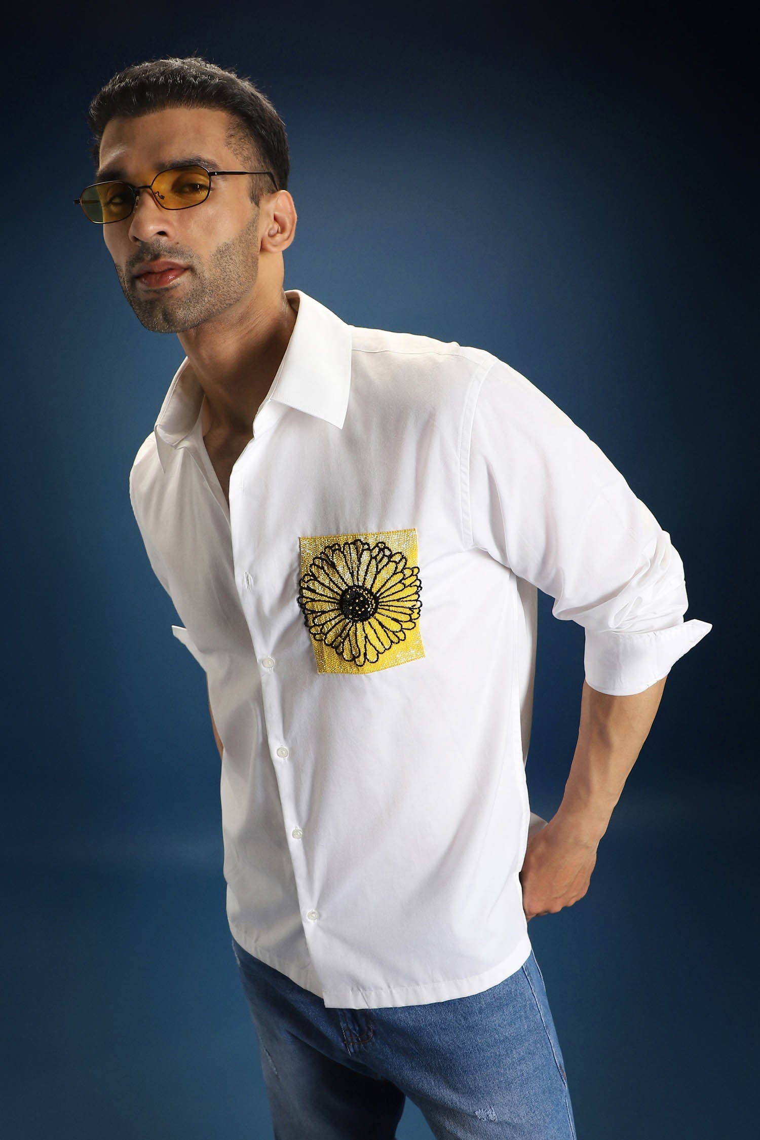 Sunflower Hand Embroidered Designer Shirt - White
