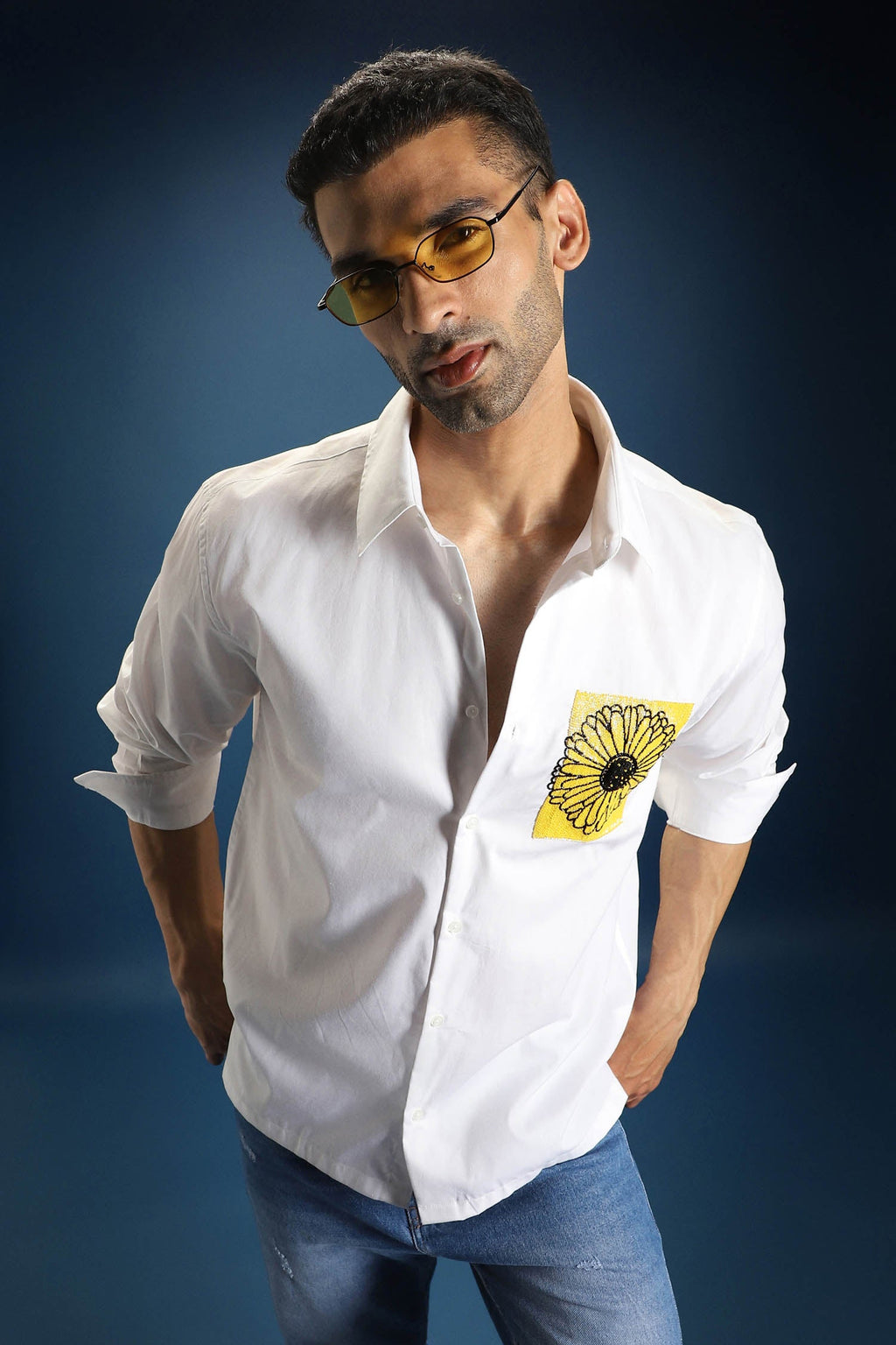 Sunflower Hand Embroidered Designer Shirt - White