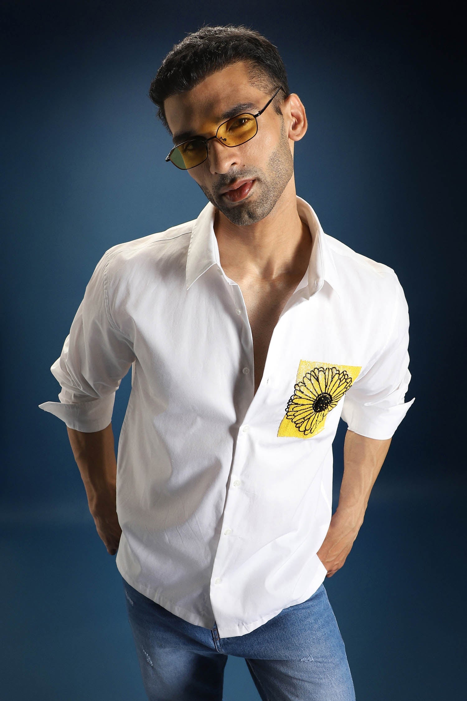 Sunflower Hand Embroidered Designer Shirt - White