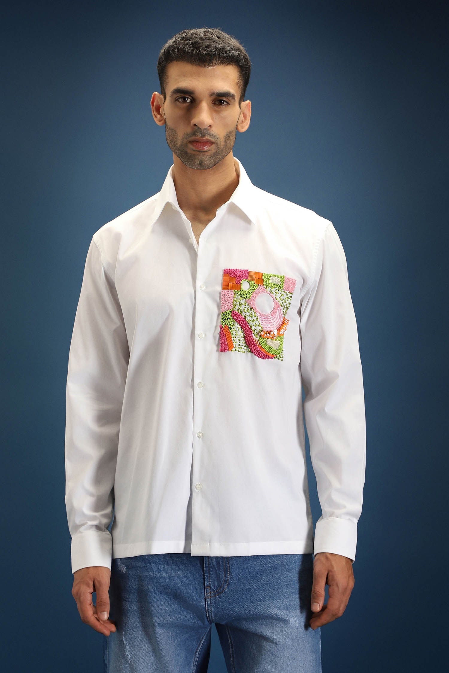 Flow Patch Hand Embroidered Designer Shirt - White