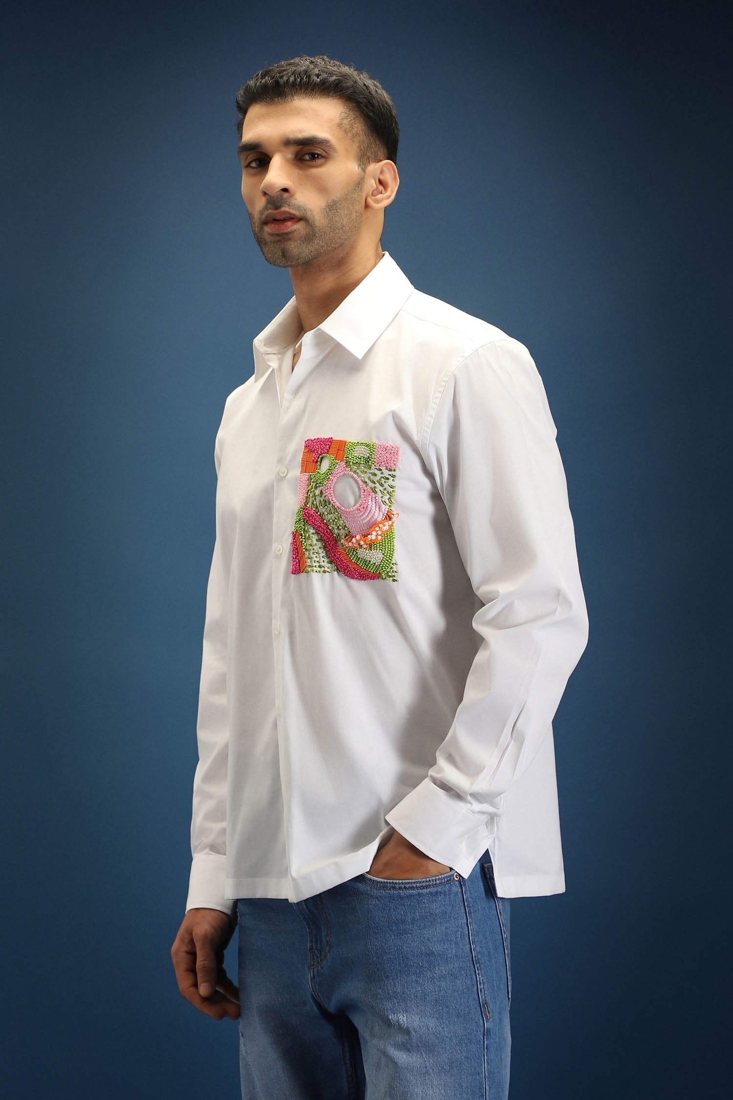Flow Patch Hand Embroidered Designer Shirt - White