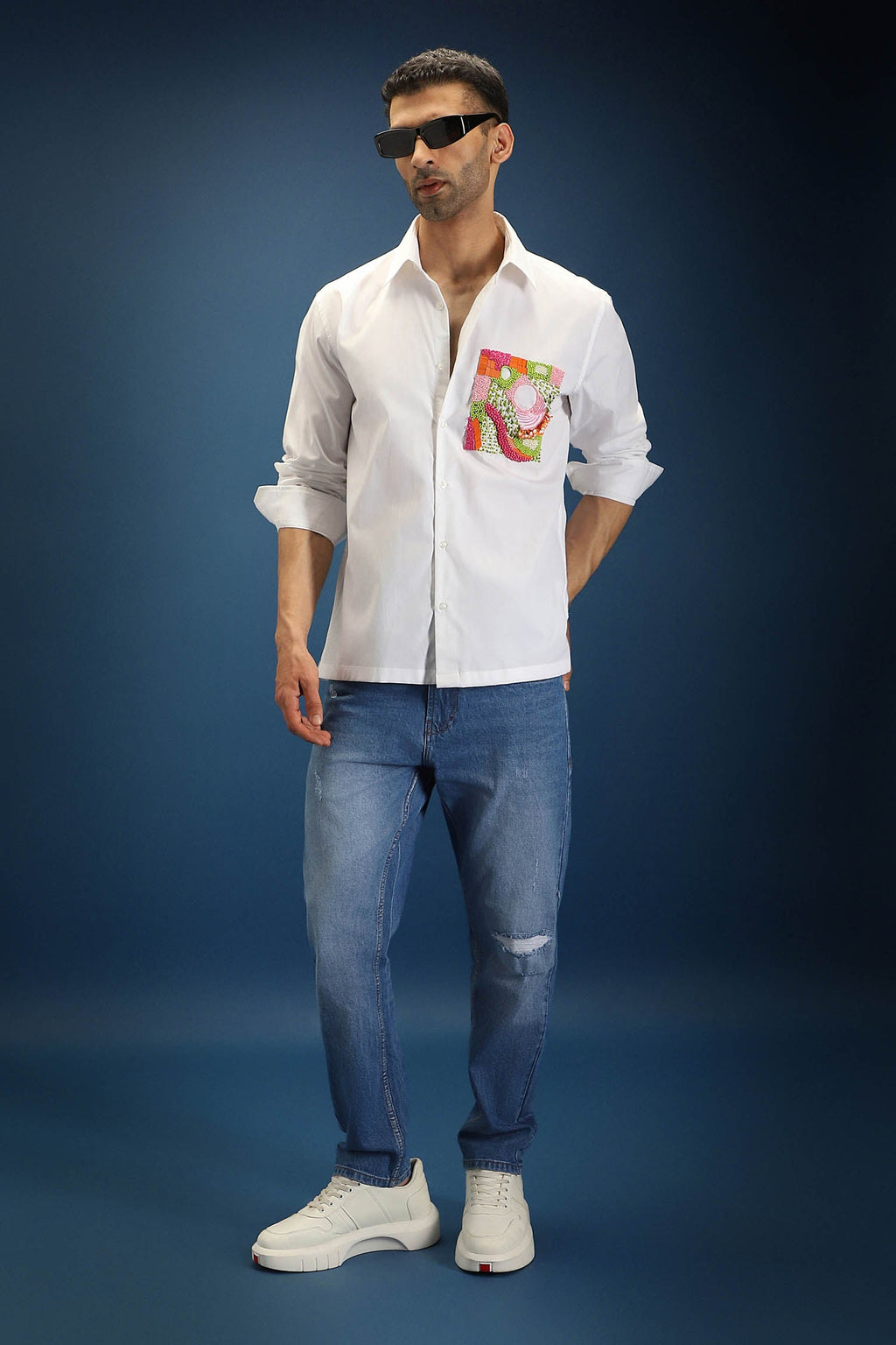 Flow Patch Hand Embroidered Designer Shirt - White