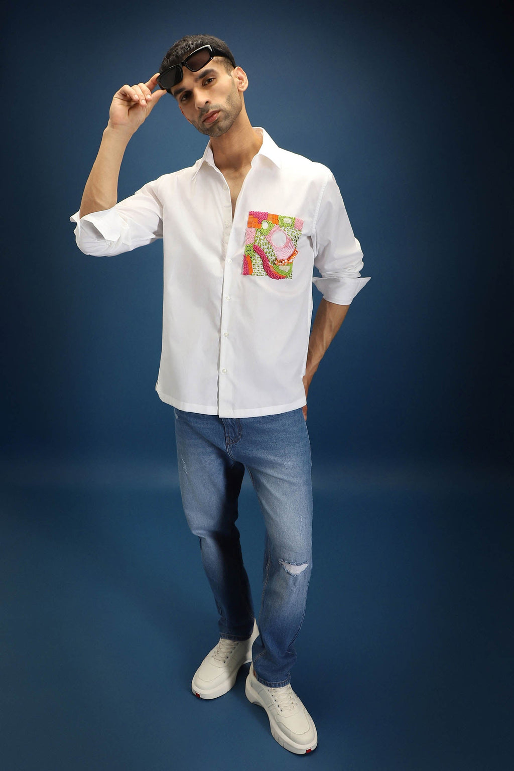 Flow Patch Hand Embroidered Designer Shirt - White