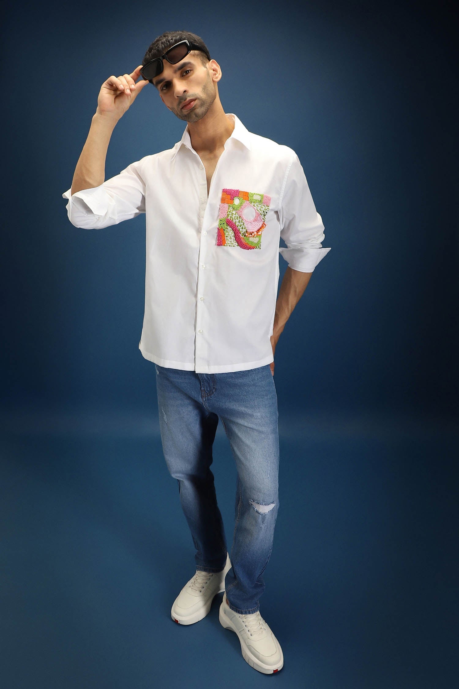 Flow Patch Hand Embroidered Designer Shirt - White