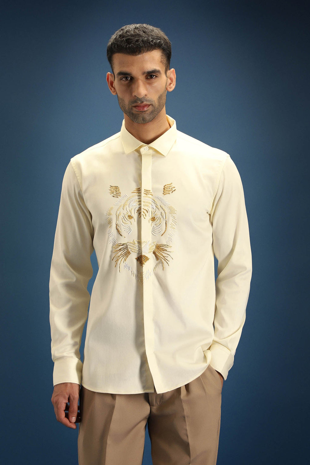 Relentless Tiger Hand Embroidered Designer Shirt - Ivory